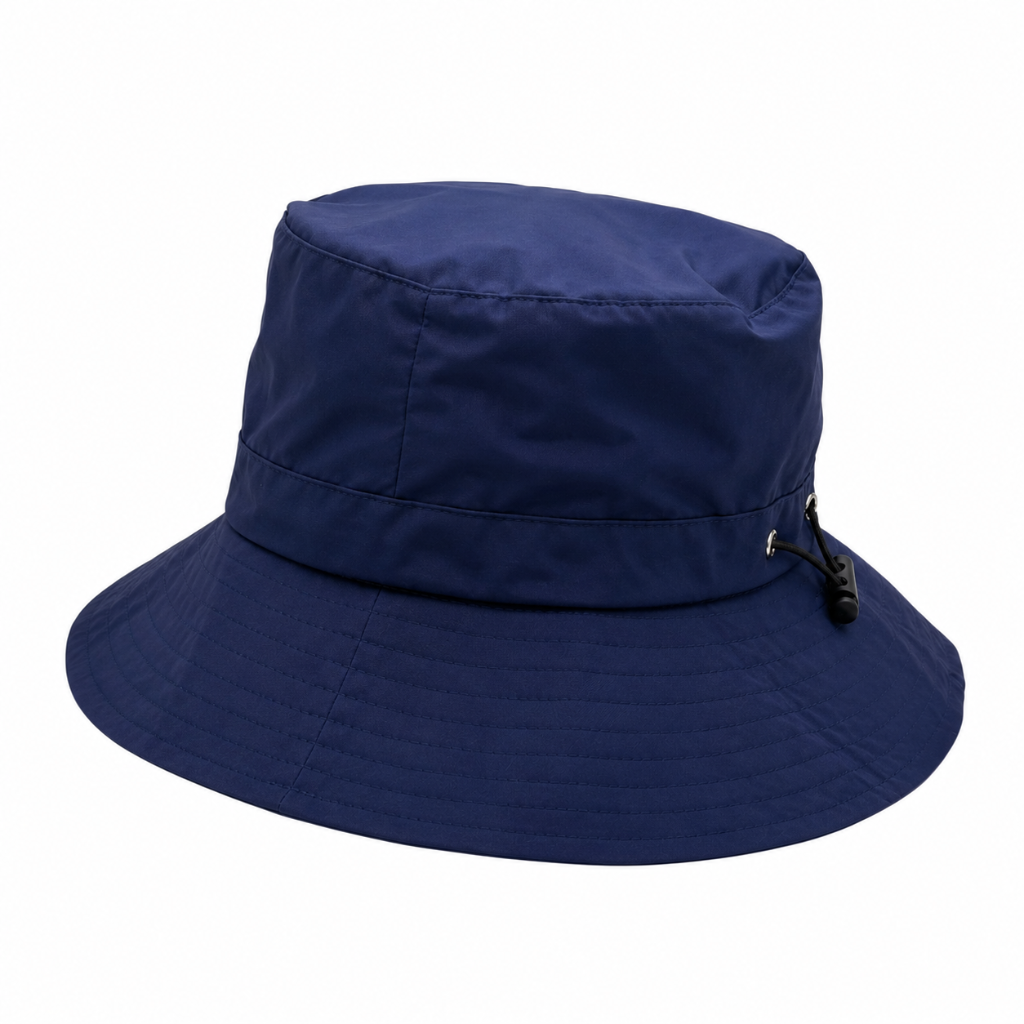 A navy blue bucket hat with a wide brim and a small black drawstring detail on the side, shown against a plain white background.