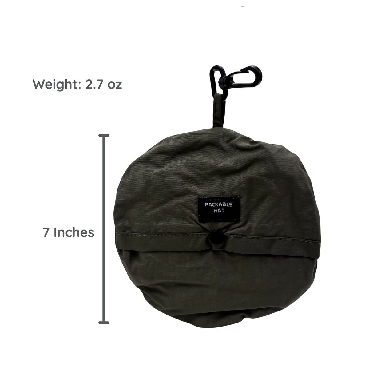 Packable hat with weight and size measurements on a white background