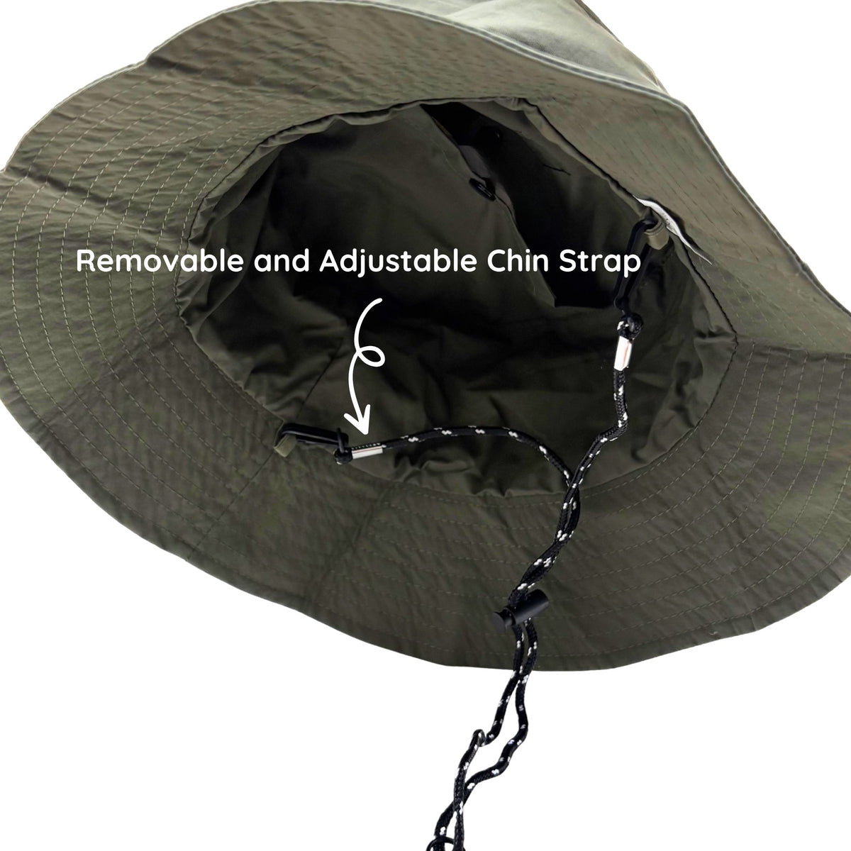 Green bucket hat with a removable and adjustable chin strap on a white background
