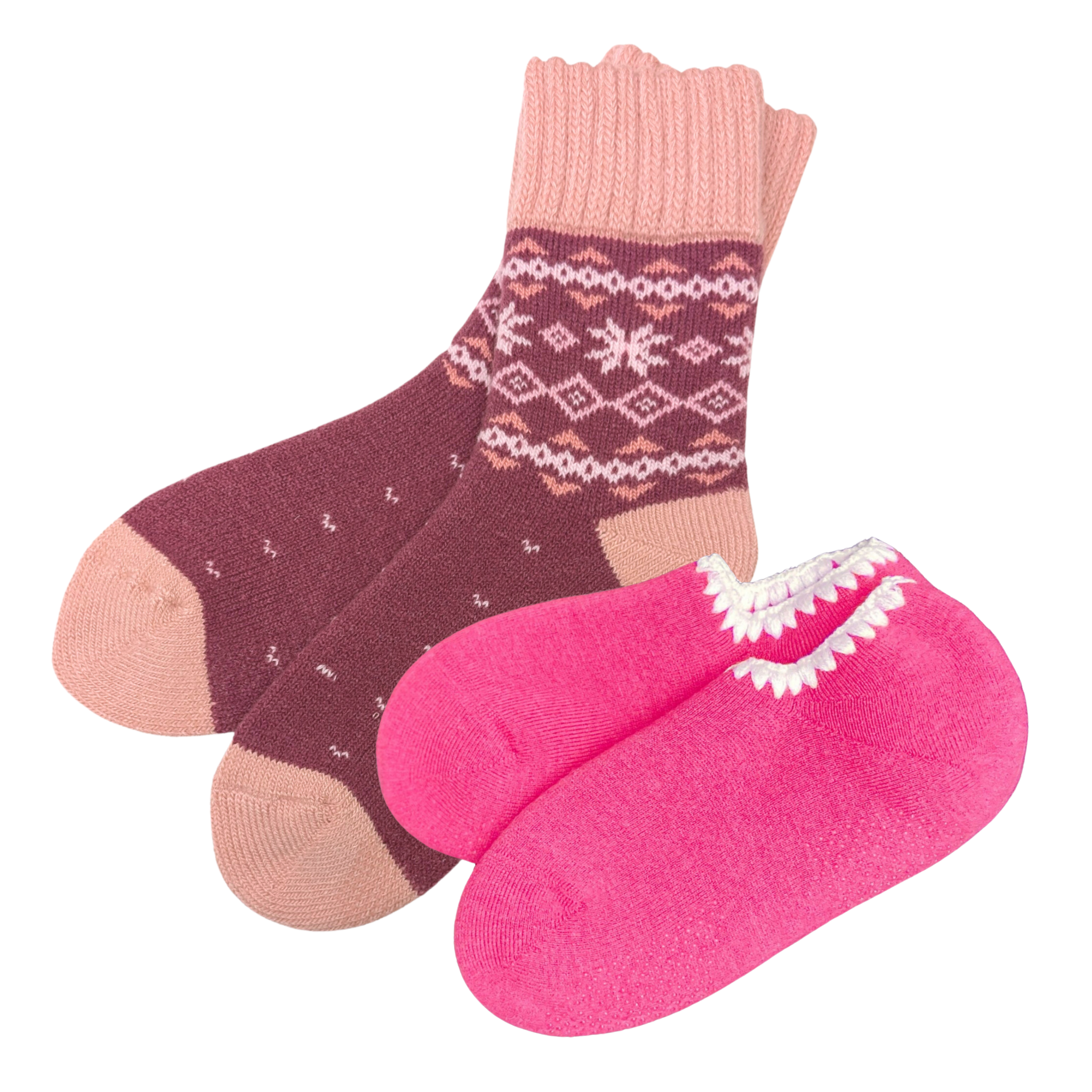 Two pairs of cozy, handcrafted slipper socks for Valentine's Day gifts. The set includes Handcrafted Wool Slipper Socks with a cherrystone shell-shaped embroidery and Thermal Nordic Merino Wool Blend Slipper Socks with thick ribbed cuffs for warmth and comfort. Both styles feature soft, cushioned insides, perfect for keeping feet warm and cozy. These high-quality, durable socks are crafted with care for a luxurious feel.
CHERRYSTONEstyle