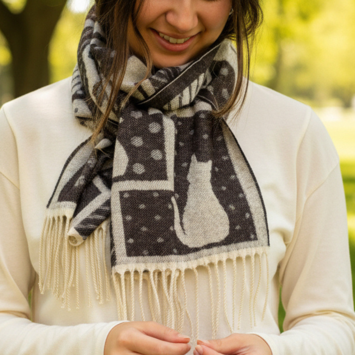 model wearing the scarf with cat design. 