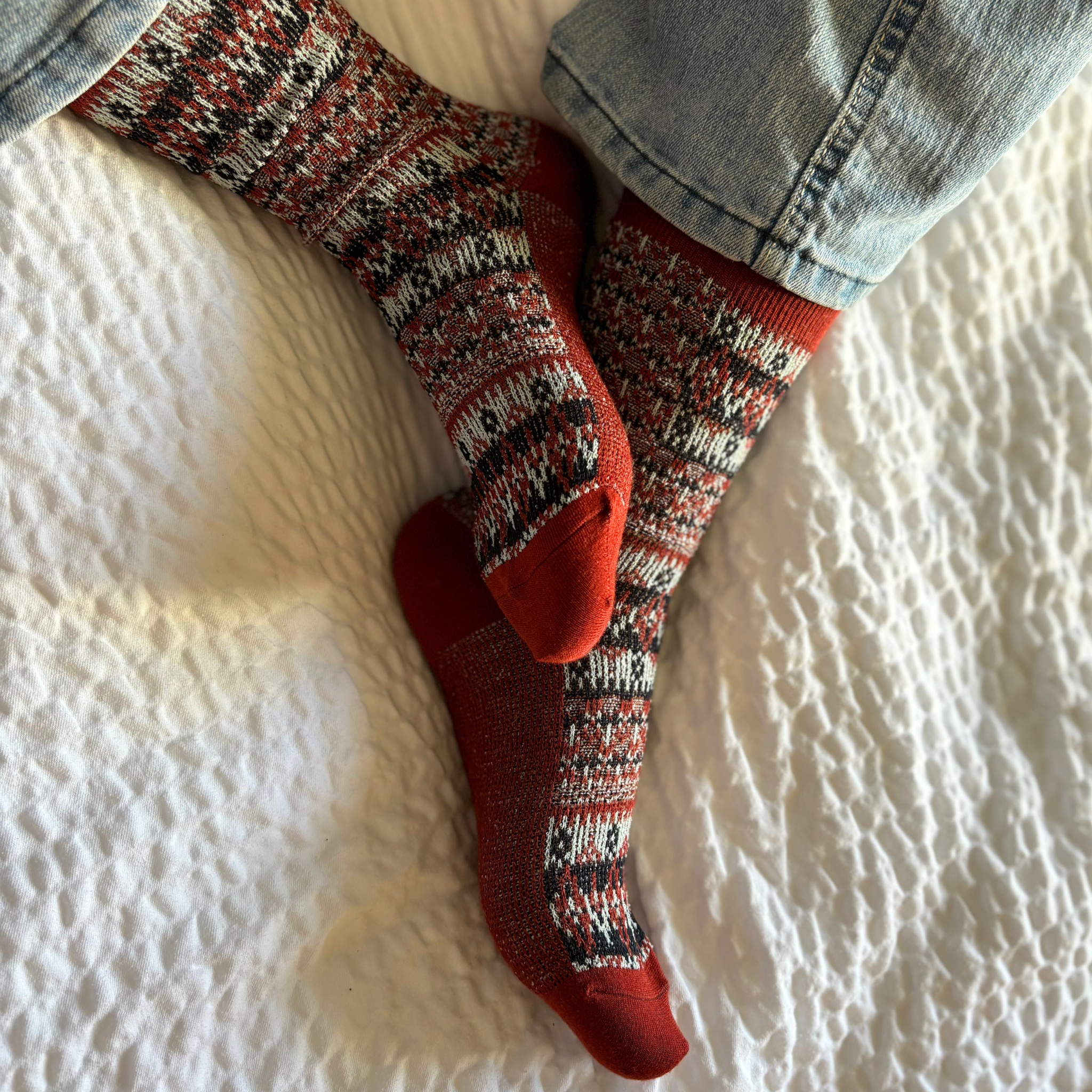 Nordic Jacquard Crew. Nordic Jacquard patterned socks are made from a cozy wool blend. These versatile, soft-textured socks are ideal for both office and casual wear, offering a stylish touch and comfortable fit for any occasion. CHERRYSTONEstyle