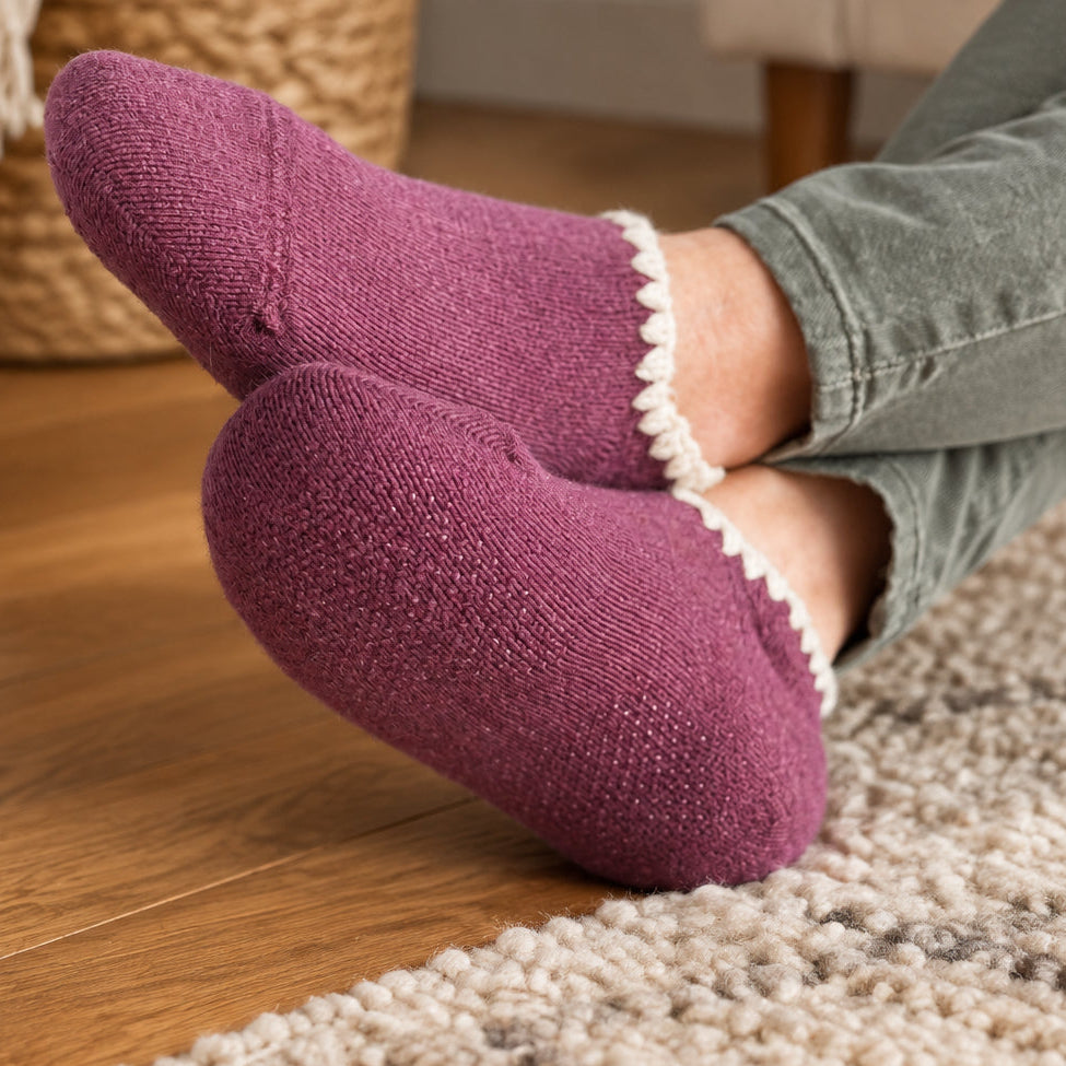 A close-up of a person's feet wearing cozy, textured rose wool blend slipper socks with a white scalloped trim, paired with sage green jeans on a patterned rug over a wooden floor.
