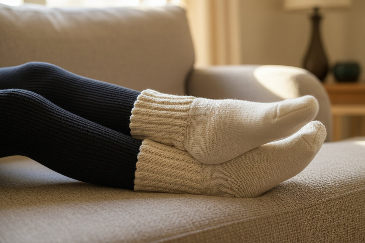 Person wearing black leggings and white socks sitting on a white couch.