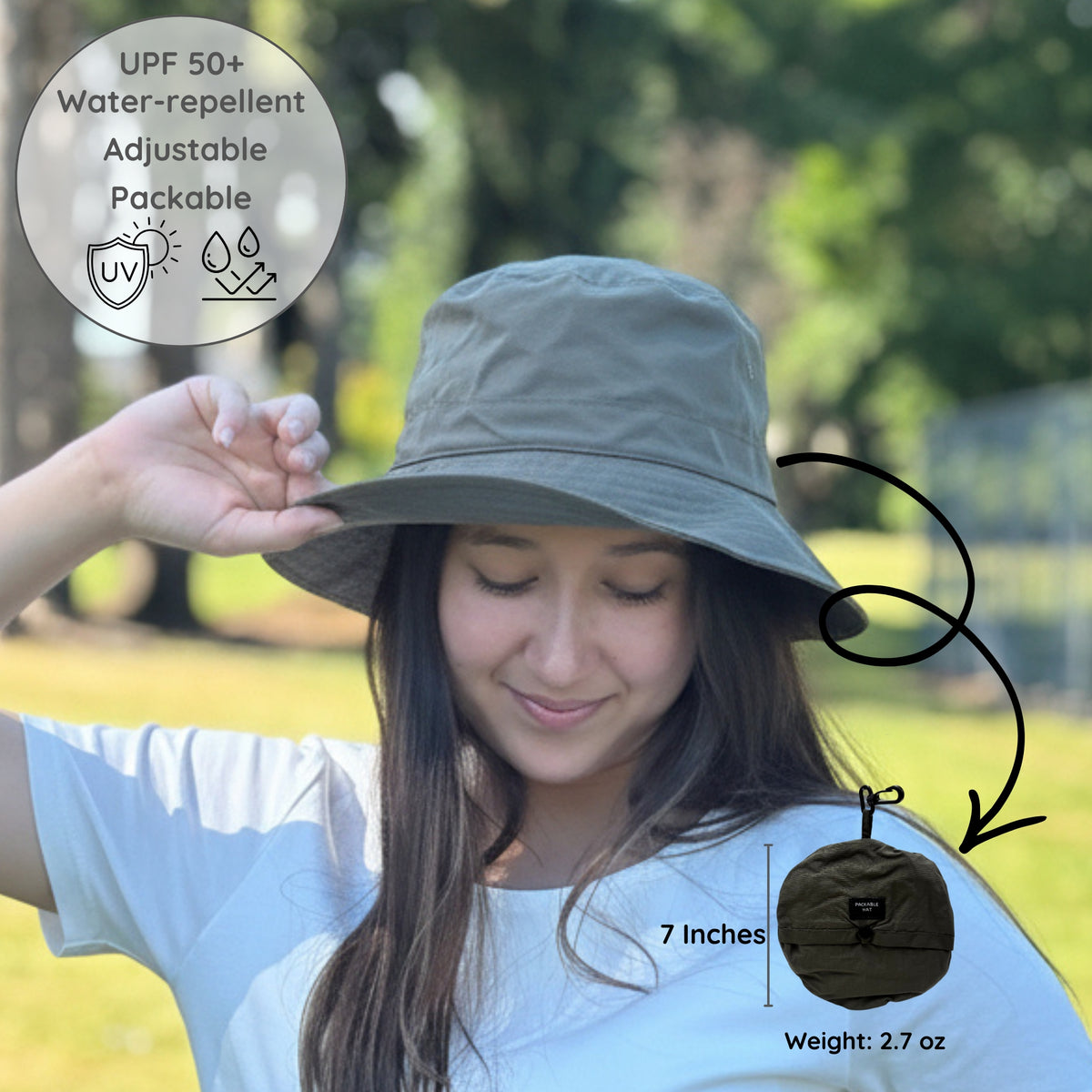 A woman outdoors wearing a wide-brimmed bucket hat in olive green, with text callouts noting UPF 50+ water-repellent adjustable packable features, 7-inch size, and 2.7 oz weight.