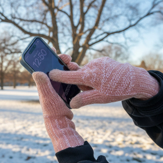 Person using a smartphone with frosty pink gloves in a snowy outdoor setting