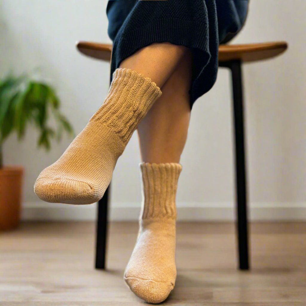 Airy Grace Organic Cotton Ribbed Cuff Crew Socks | Medium or Large. Organic cotton socks with moisture absorption and heat retention, featuring a cozy double-knit ribbed design. Natural undyed color with no pre-shrink treatment, offering softness and warmth for comfortable, all-day wear. CHERRYSTONEstyle
