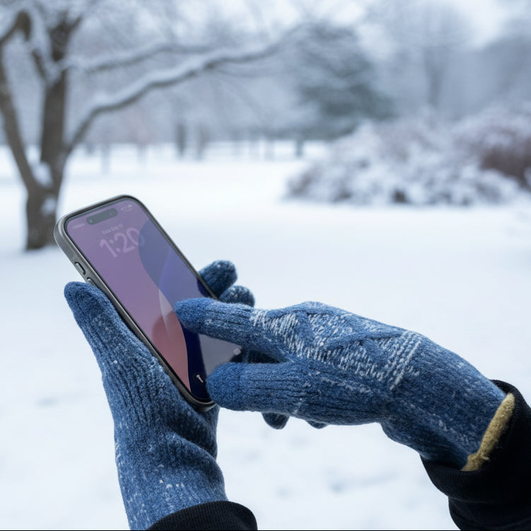 Person using a smartphone in a snowy landscape
