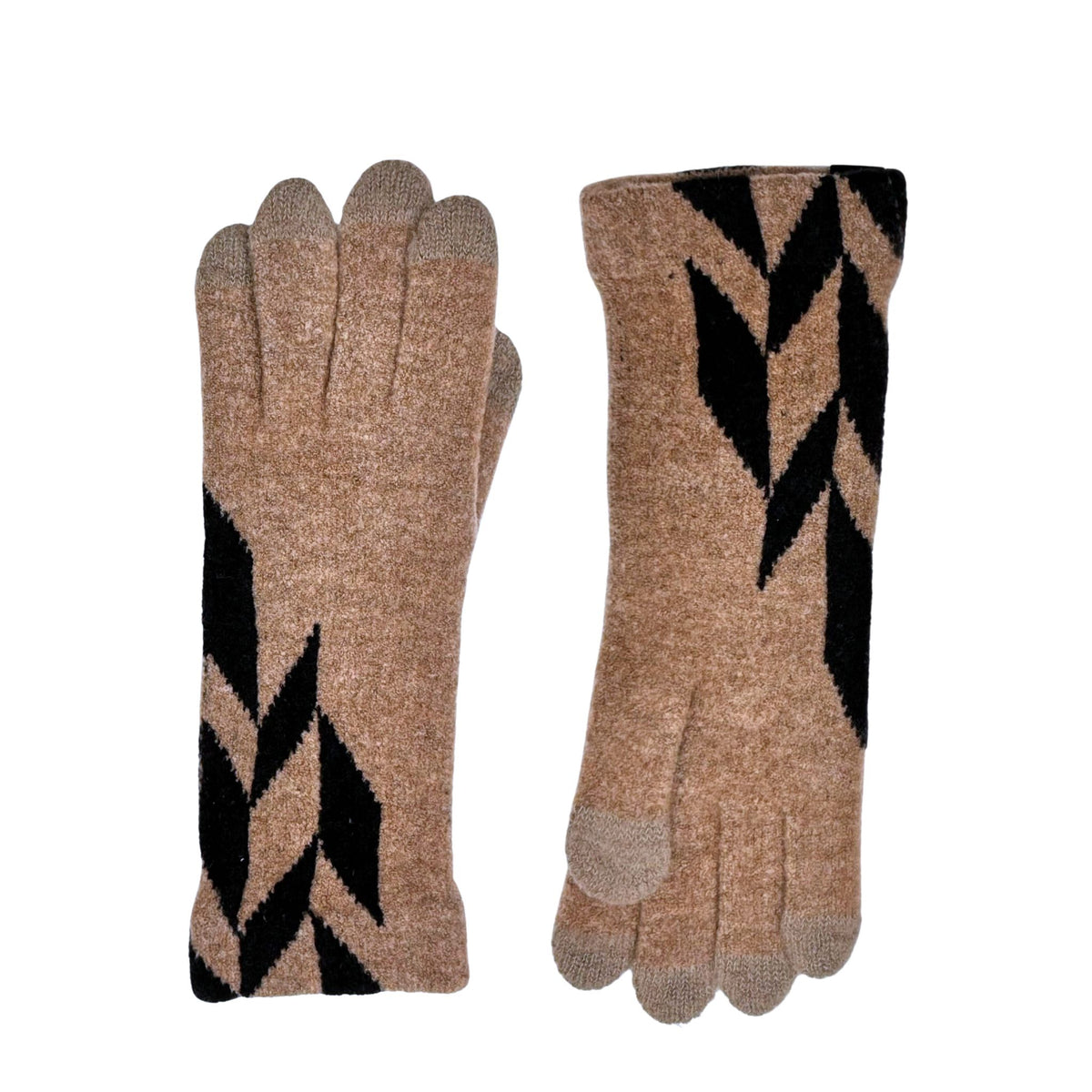 Pair of brown gloves with black geometric pattern on a white background