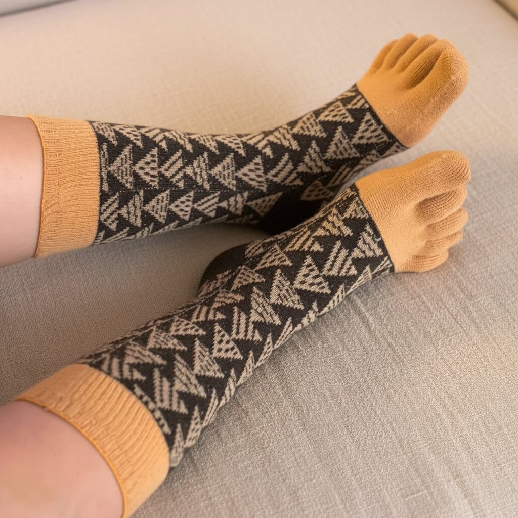 Person wearing patterned socks with orange cuffs on a light-colored surface