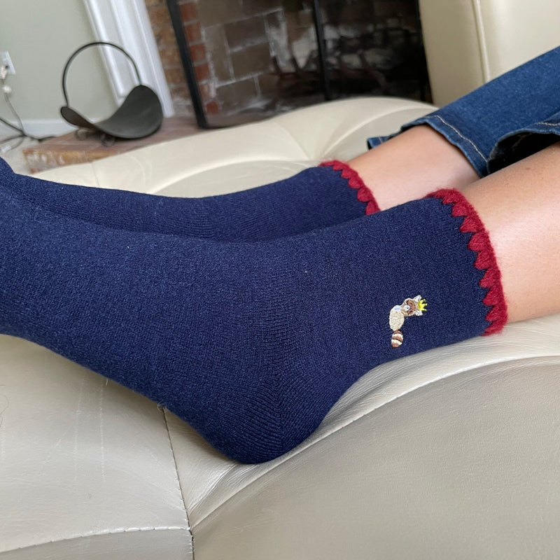 Handcrafted Wool Raccoon Embroidery Crew Socks | Medium | 2 colors - CHERRYSTONEstyle