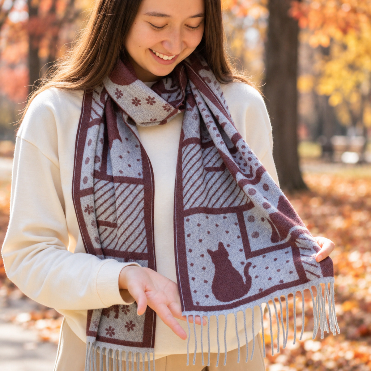 Woman wearing a cat-patterned scarf outdoors.