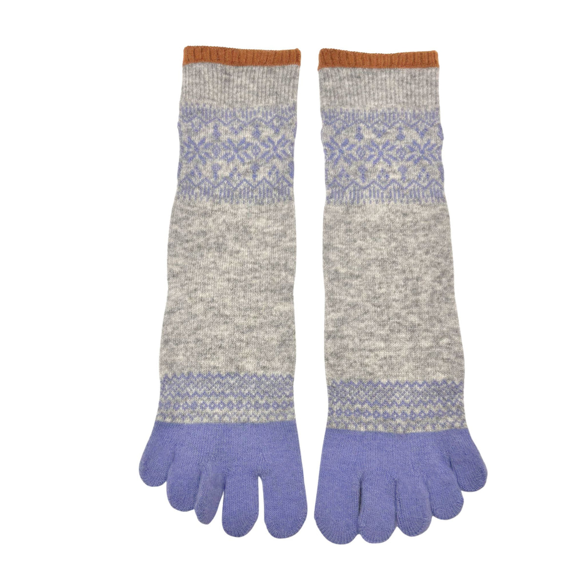 Pair of gray and purple 5-toe socks with a pattern on a white background