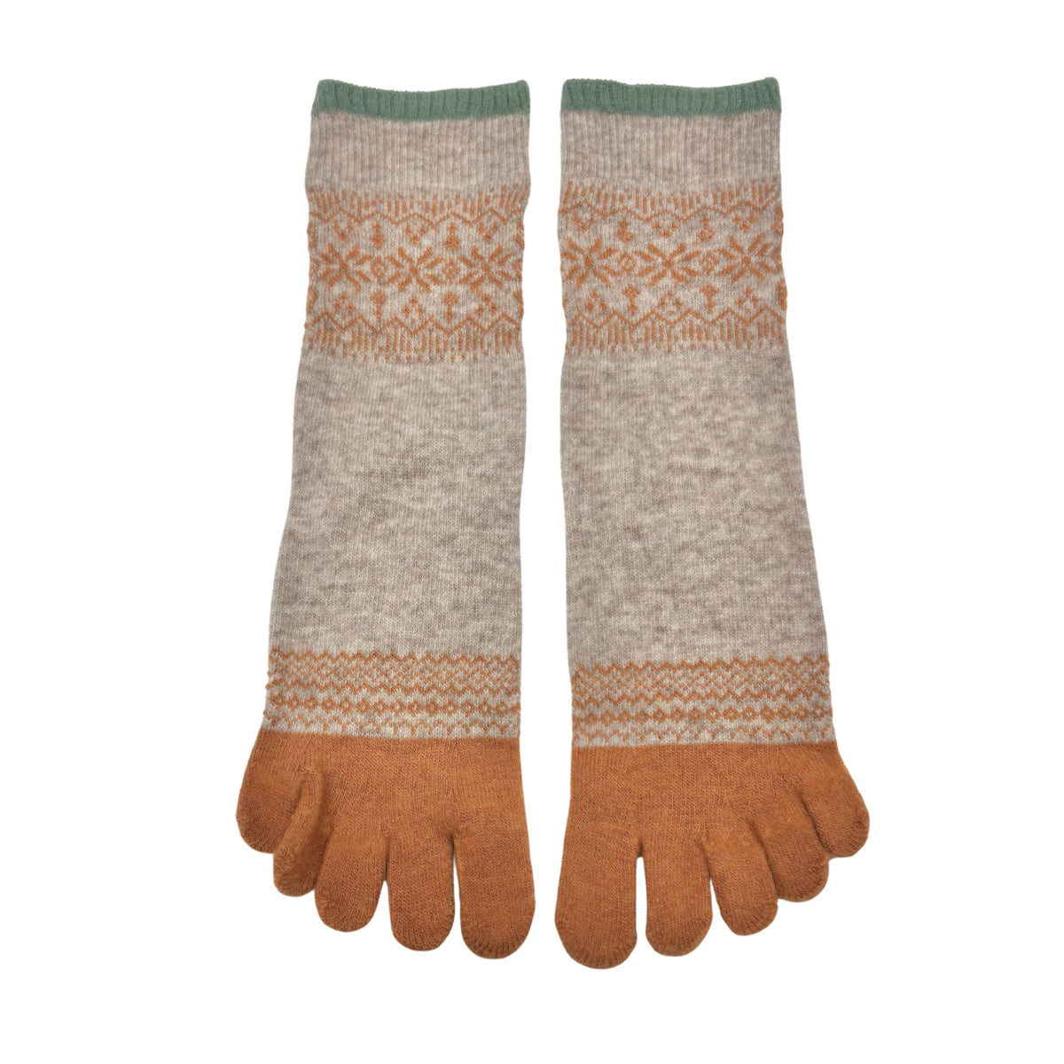 Pair of gray and orange patterned 5-toe socks on a white background