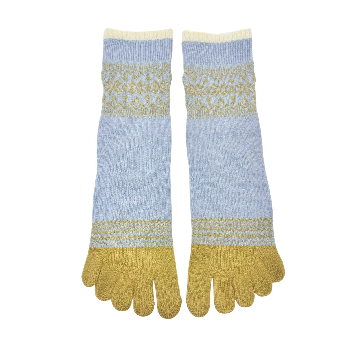 Pair of light blue and yellow toe 5-toe socks with a pattern on a white background