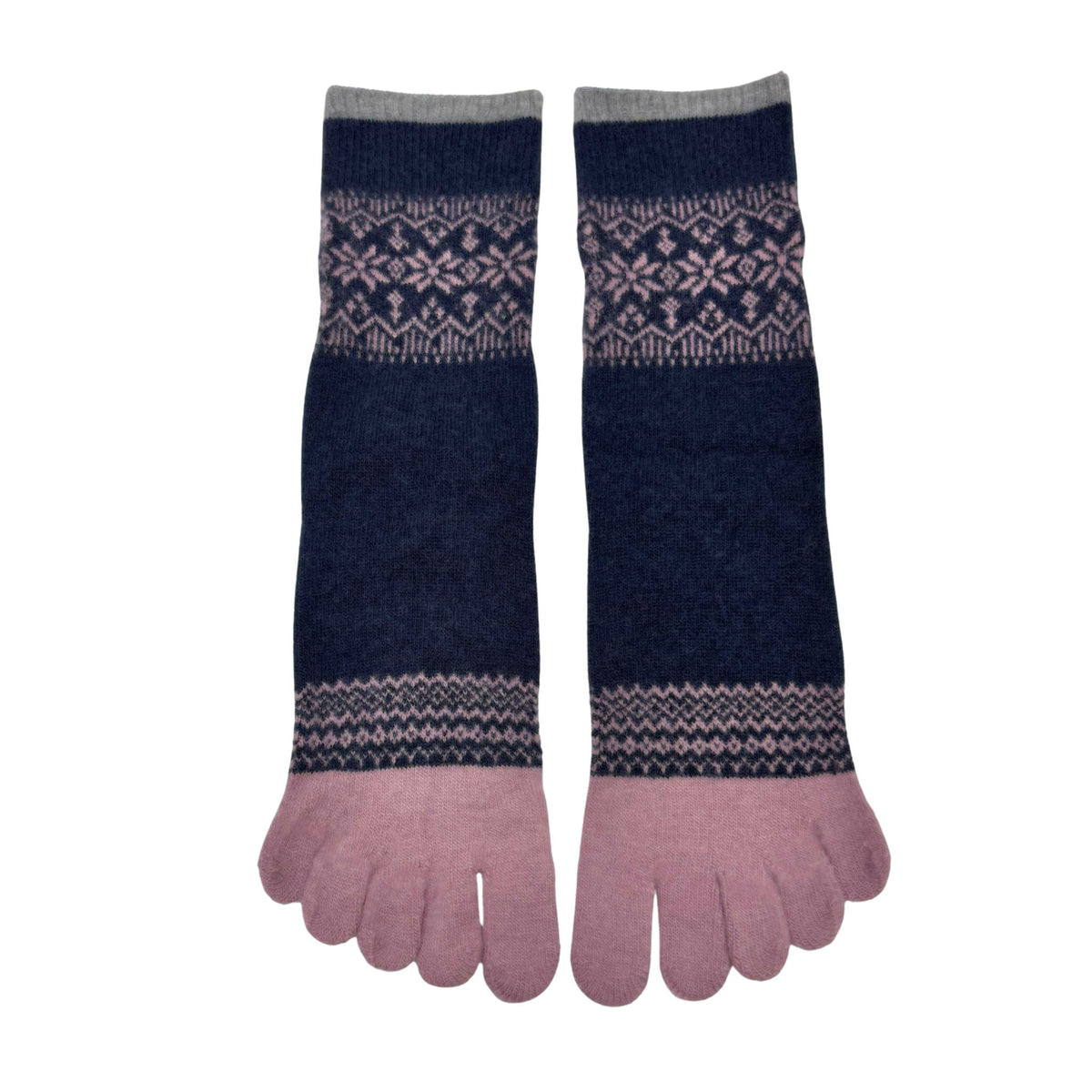 Pair of navy blue and pink patterned 5-toe socks on a white background