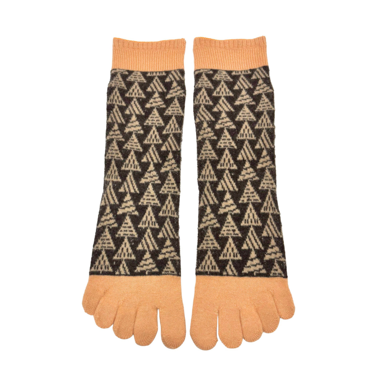 Pair of 5-toe socks with a geometric pattern on a white background