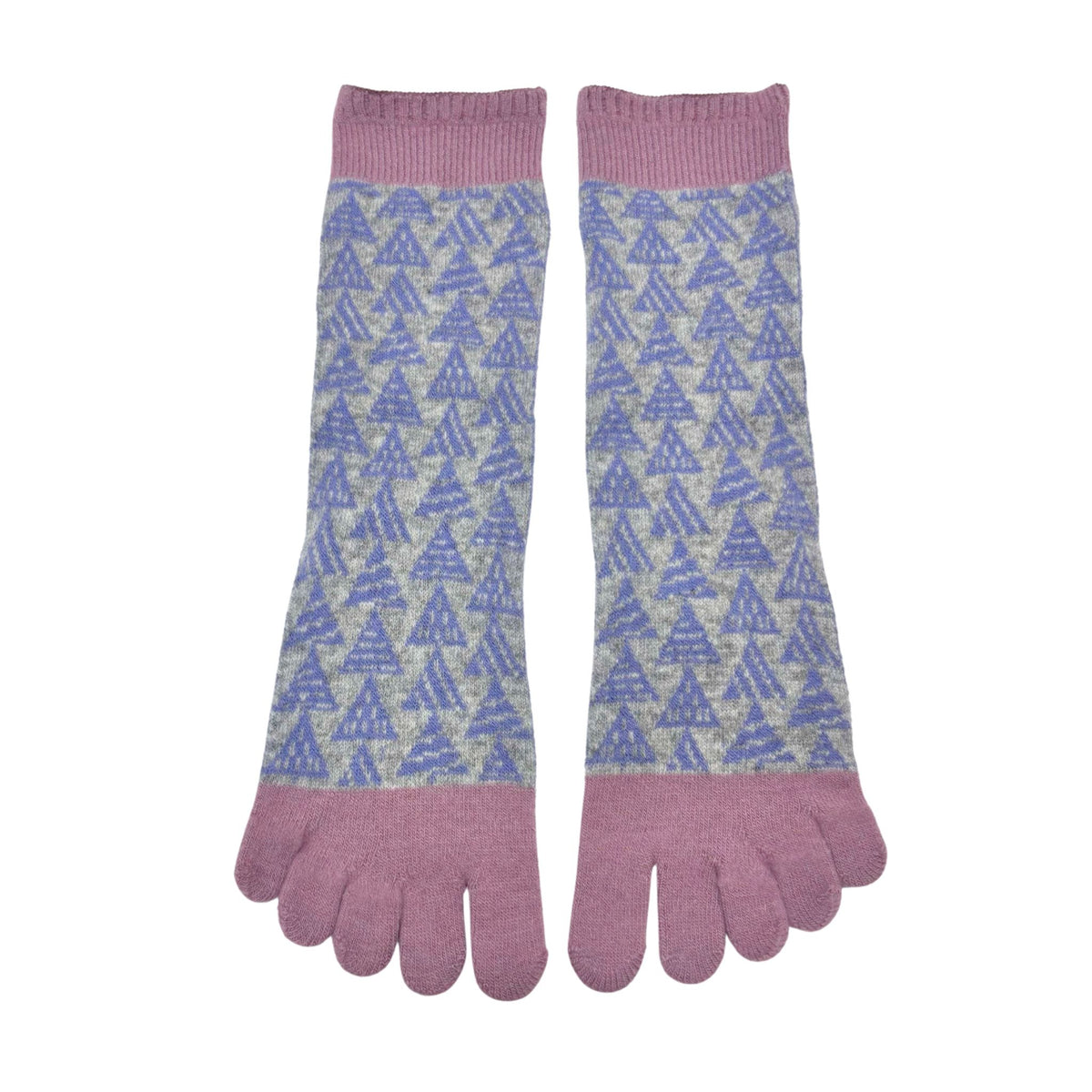 Pair of 5-toe socks with a geometric pattern on a white background