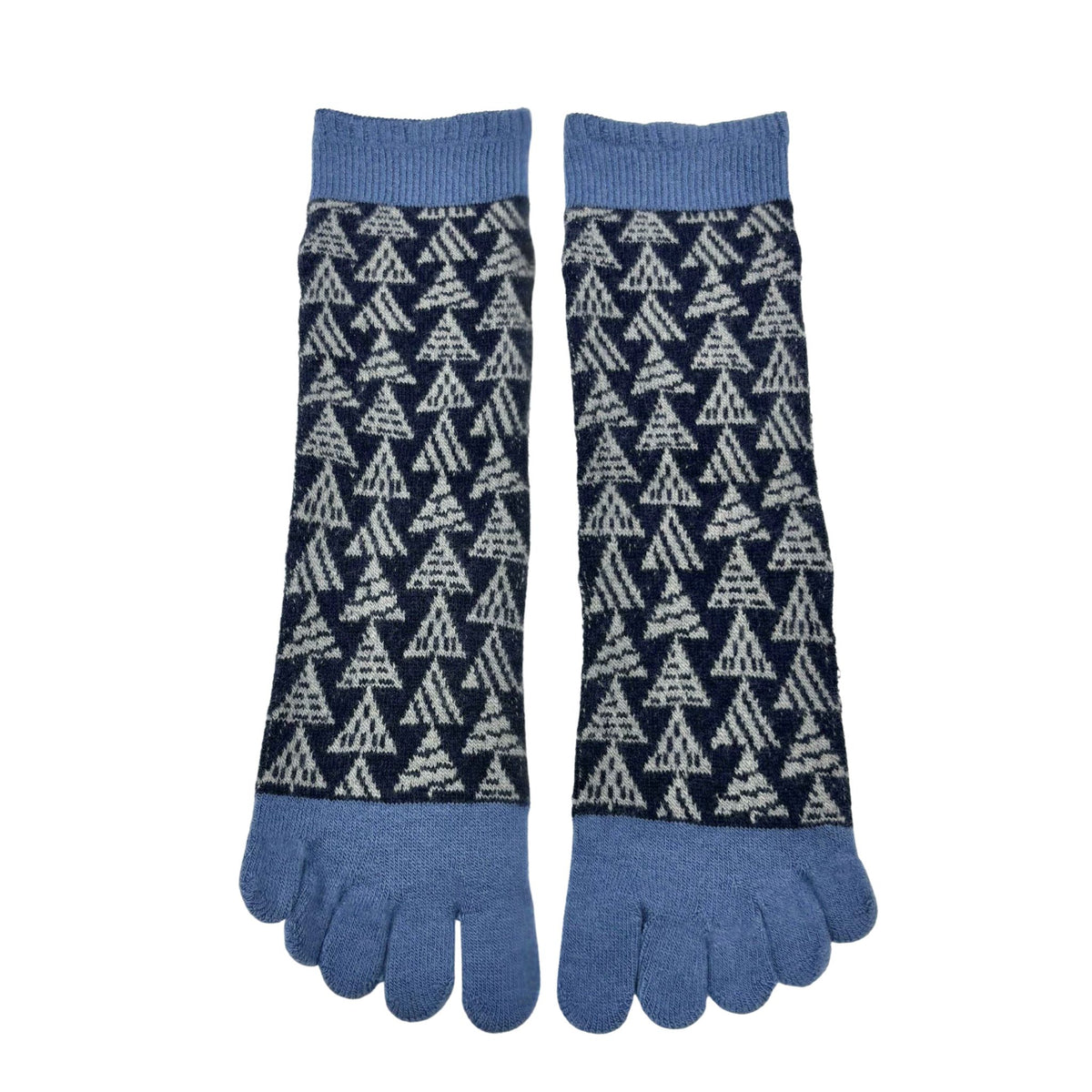 Pair of blue and patterned 5-toe socks on a white background