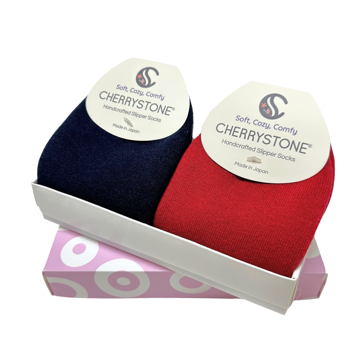 *2 PAIRS IN THE GIFT BOX * Wool Blend Slipper Socks | Classic Color NO Grip | Size Medium |  Red and Navy with Crocheted Trim - CHERRYSTONEstyle