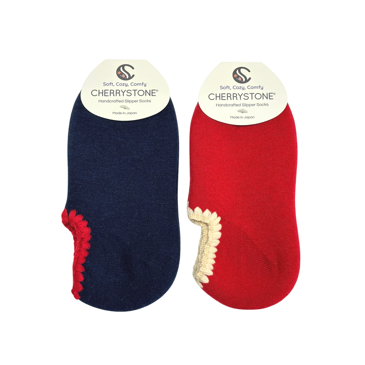 *Slipper Socks Gift Set* 2 Pairs in the Bento Box | Wool Blend No Grips | Size Medium | Red and Navy with Crocheted Trim | Reusable Gift Box - CHERRYSTONEstyle