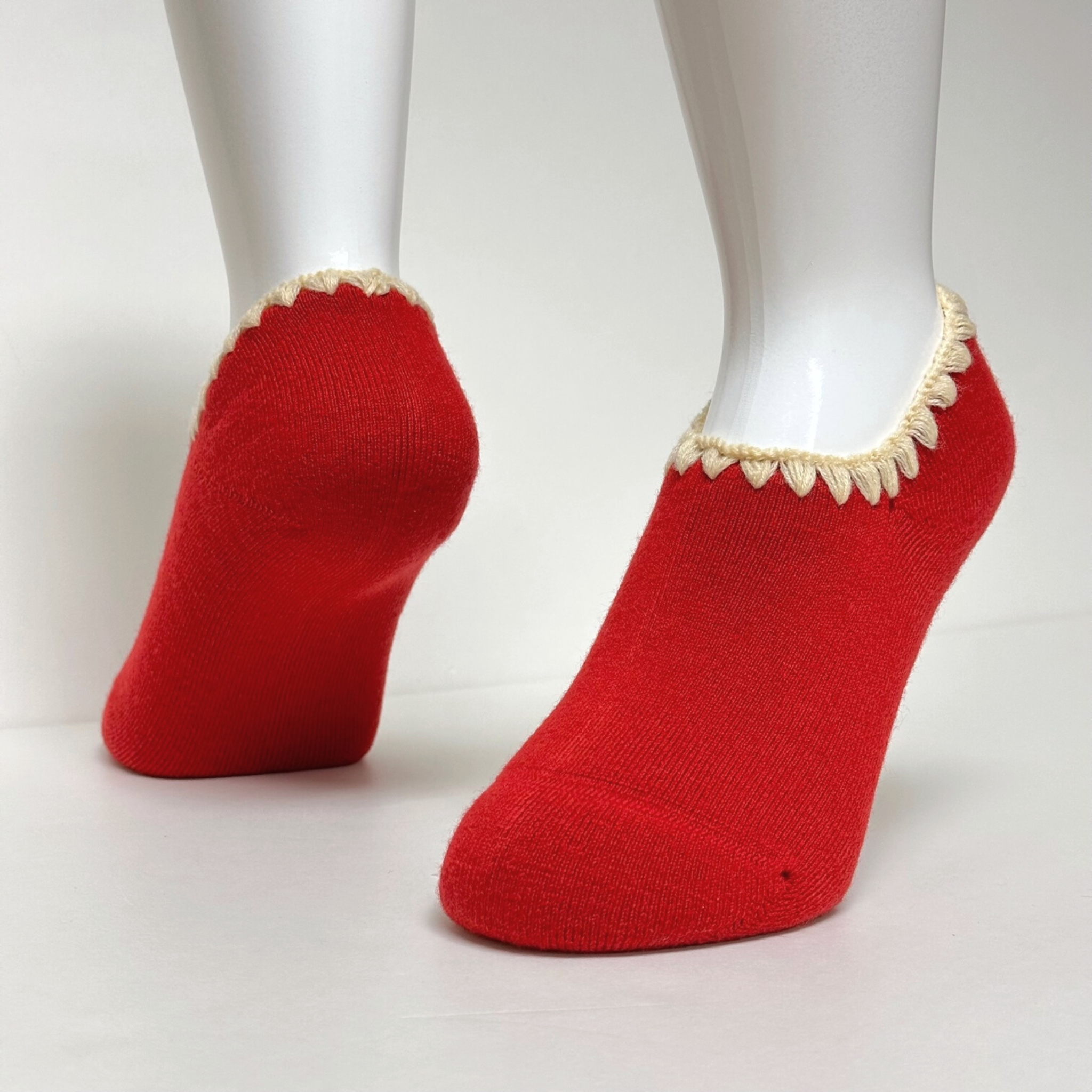 Wool Blend Slipper Socks | Classic Color with Grips or NO Grip | Red with Cream Crocheted Trim - CHERRYSTONEstyle