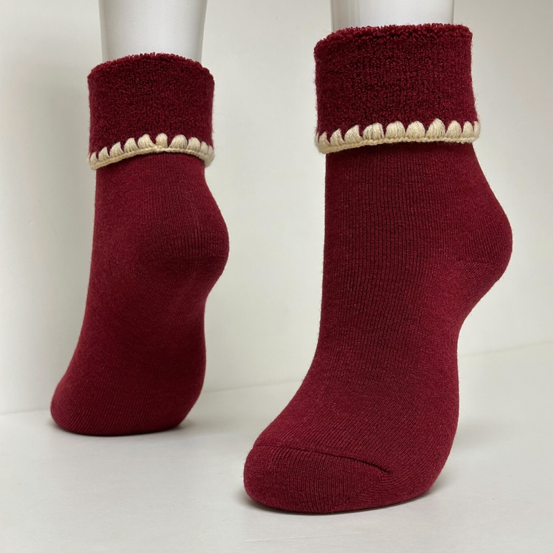Wool Blend Cuff Socks | Turn Cuff | Dark Red with Cream Crocheted Trim - CHERRYSTONEstyle