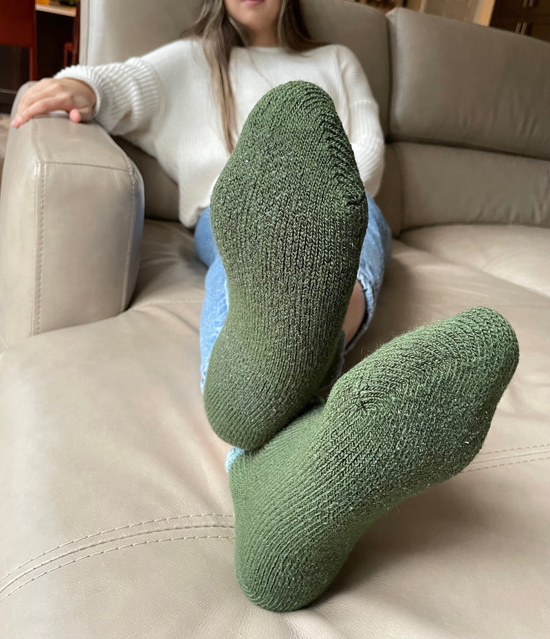 CHERRYSTONE® Thermal Wool Blend Slipper Socks with Grips | * Size LARGE* | Forest Green with Light Blue Picot Trim - CHERRYSTONEstyle