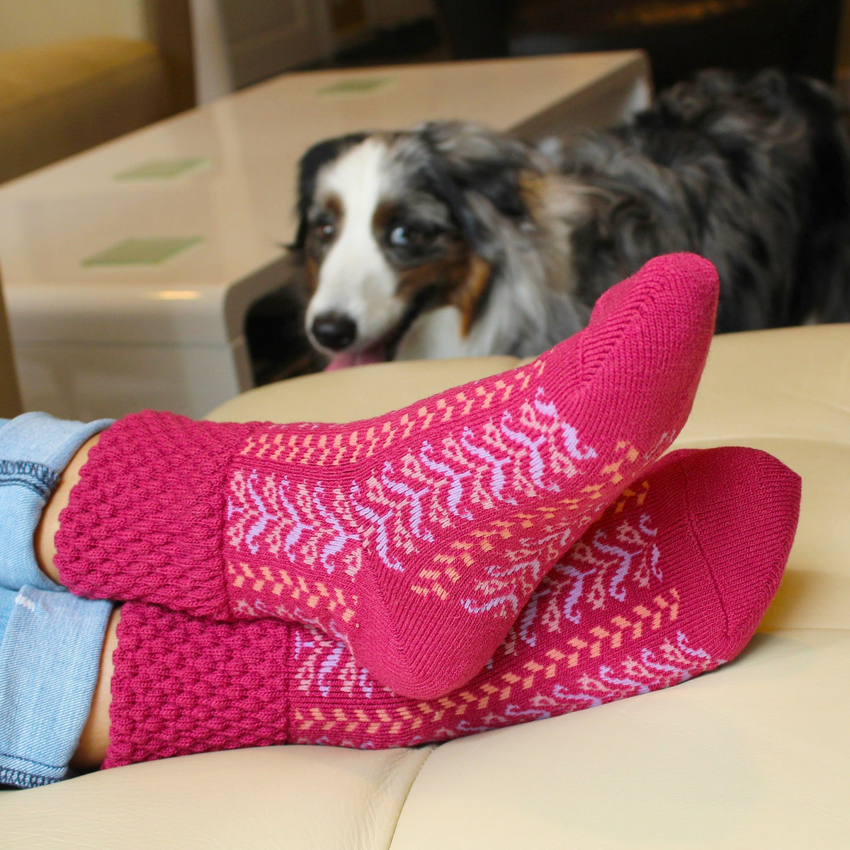 Wool Blend Plush Warm Boot Socks NO GRIPS | Herringbone |  Raspberry - CHERRYSTONE by MARKET TO JAPAN LLC