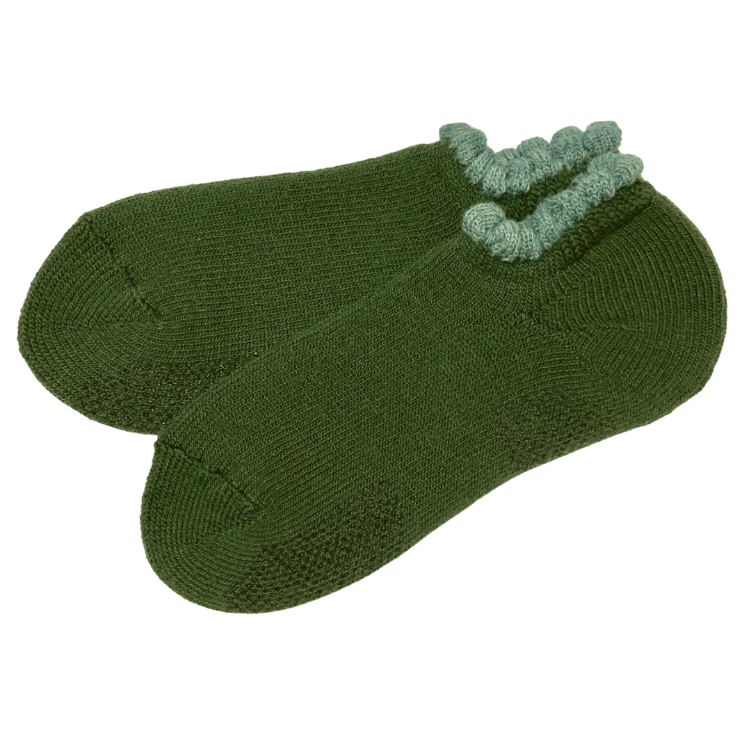 CHERRYSTONE® Thermal Wool Blend Slipper Socks with Grips | * Size LARGE* | Forest Green with Light Blue Picot Trim - CHERRYSTONEstyle